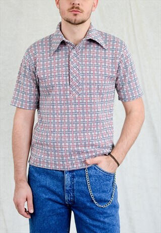 70S POLO SHIRT MEN VINTAGE GEOMETRIC PATTERN COLLARED TOP L