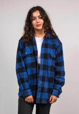 VTG 90'S DARK BLUE GRUNGE LARGE CHECK PATTERN FLANNEL SHIRT