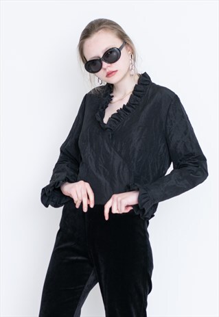 VINTAGE BLACK V NECK RETRO BLOUSE