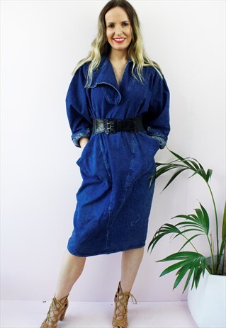 VINTAGE 80'S DARK BLUE DENIM FOLD OVER COLLAR MIDI DRESS