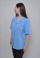 90'S MINIMALIST BLOUSE, VINTAGE BLUE BUTTON UP SHIRT - LARGE