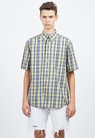 VINTAGE BLUE YELLOW HUGO BOSS SHORT SLEEVE CHECKERED SHIRT