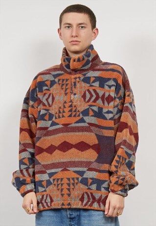 VINTAGE 80'S ORANGE PRINT HEAVY TEDDY QUARTER FLEECE