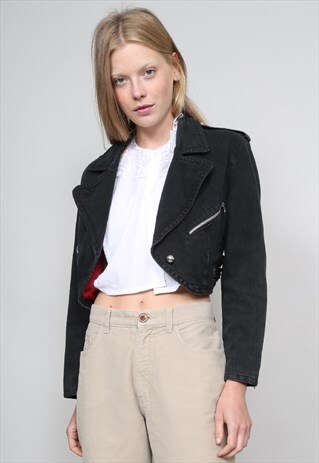 VINTAGE 80'S DESIGNER CROPPED BLACK DENIM BIKER JACKET