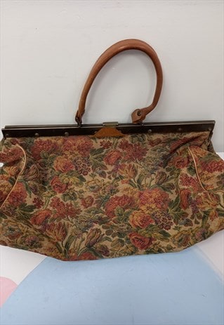 Vintage Satchel Handbag Brown Tapestry Floral Print