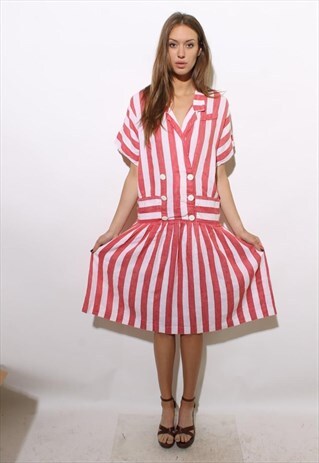 VINTAGE 1980'S 80'S RED WHITE STRIPED PLEATED SILK DRESS M-L