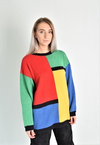 Vintage 90s Colorful Red Green Blue Yellow Knit Jumper | VINTFINITY ...