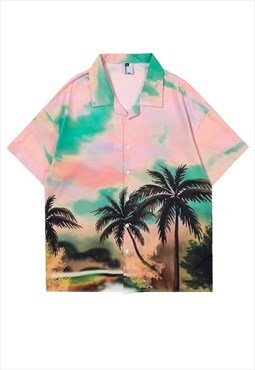 Palm tree print shirt retro tropical graphic top pastel pink