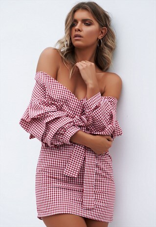 RED GINGHAM OFF THE SHOULDER DRESS