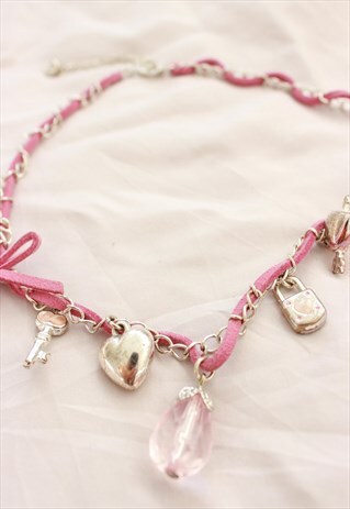90S PINK BUTTEFLY BOW CHARMS NECKLACE CHOCKER