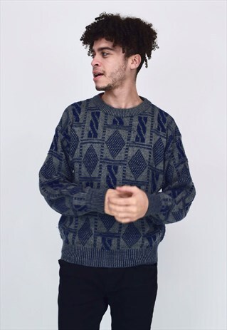 VINTAGE 90'S NAVY & GREY PRINTED KNITTED JUMPER