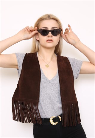VINTAGE REWORKED BROWN SUEDE TASSEL WAISTCOAT