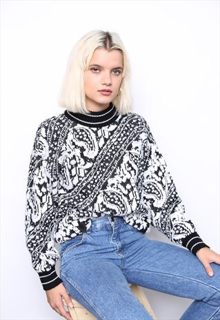 VINTAGE 80S MONOCHROME PRINT KNIT JUMPER
