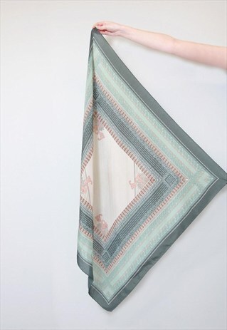 VINTAGE 1970'S SILK GREEN & CREAM MIXED PRINT SCARF