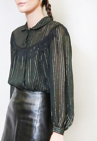 VINTAGE 1970'S GREEN METALLIC STRIPE TASSELLED SHIRT