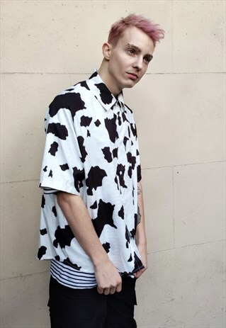 LOOSE FIT OVERSIZE COW SHIRT ABSTRACT SHORT SLEEVE TOP