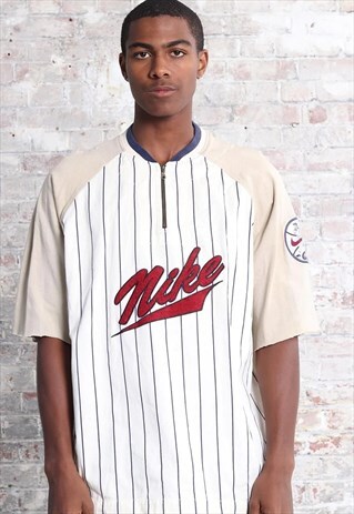 VINTAGE NIKE LOGO STRIPED 1/4 ZIP T-SHIRT BEIGE WHITE