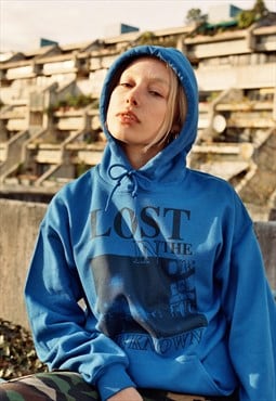 Hoodie In Blue With Printed 'Lost In The Unknown' Design