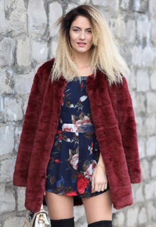 BURGUNDY FAUX FUR COAT