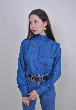 90S BLUE PALID SHIRT, VINTAGE CHECK CASUAL BLOUSE