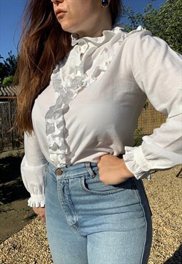 Vintage Shirt with Rouches in white Cotton 