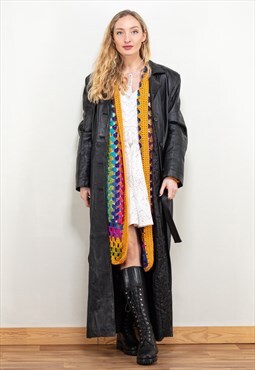 Vintage 90's Women Maxi Leather Belted Coat in Black