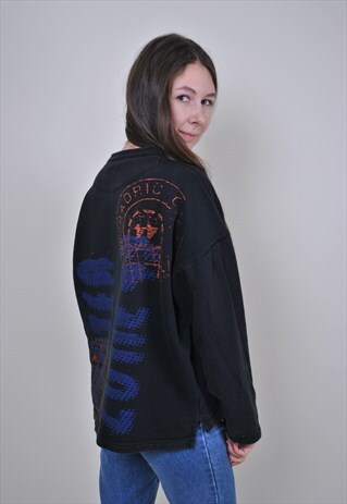 90S RAVE SWEATSHIRT, VINTAGE BLACK WOMEN PATTERN PULLOVER