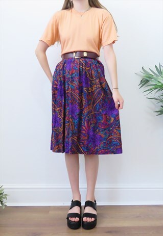 80S VINTAGE MULTICOLOURED FLORAL PAISLEY MIDI SKIRT