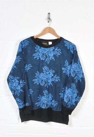 VINTAGE KNITTED JUMPER RETRO PATTERN BLUE/BLACK LADIES LARGE