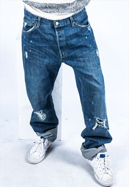 Vintage Levi's 501 Jeans in Blue Denim with Rips Paint Marks