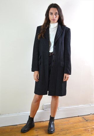 1998 VINTAGE BLACK & GREY PINSTRIPE WOOL COAT