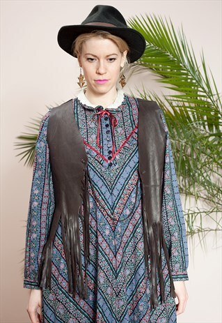 BROWN, FAUX LEATHER FRINGE WAISTCOAT FROM THE 70S