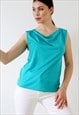 90S VINTAGE COWL NECK VEST TOP SLEEVELESS TANK AQUA BLUE M