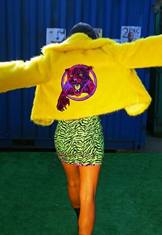 YELLOW FAUX FUR BOMBER JACKET WITH EMBROIDERED PANTHER