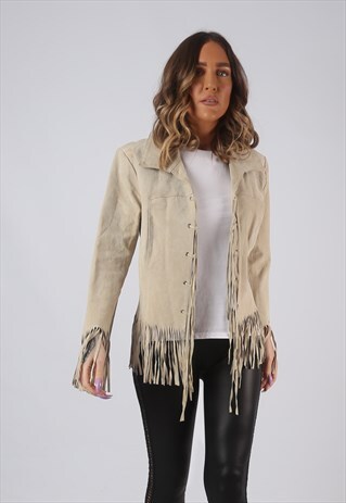 SUEDE LEATHER FRINGE TASSEL JACKET VINTAGE UK 14 (CWCS)