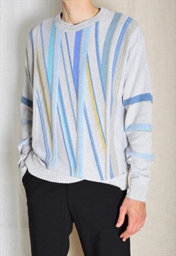 Vintage 90s Grey Pastel Blue Abstract Striped Preppy Jumper