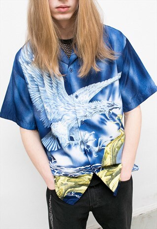 VINTAGE SHIRT DRAGON PRINT BUTTON UP BLUE BOWLING TOP 90S