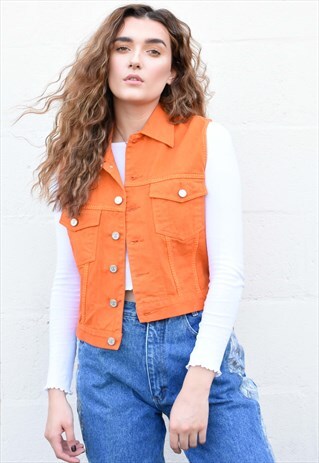 BRIGHT ORANGE SLEEVELESS DENIM JACKET