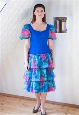 Bright blue puff sleeve ocasion vintage dress