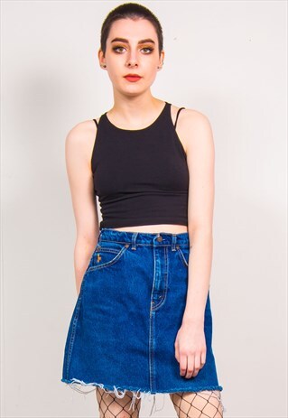 VINTAGE 90'S BLUE DENIM FRAYED HEM MINI SKIRT