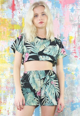 SHORTS AND CROP BOX TOP CO-ORD IN BLACK BOTANICS
