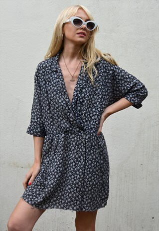 VINTAGE 90S BLACK & WHITE FLORAL SUMMER WRAP MINI DRESS
