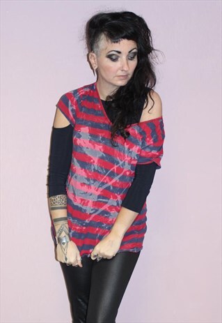 PINK GREY STRIPED SLOUCHY TOP LOUNGEWEAR SHORT SLEEVED