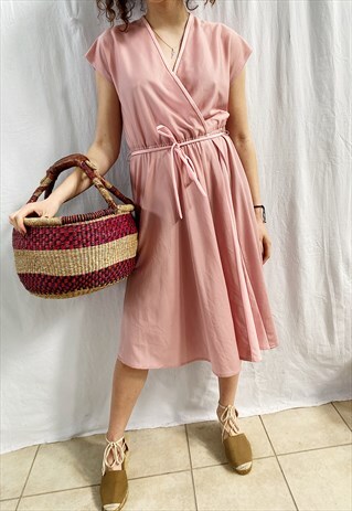 VINTAGE 70S DUSTY BLUSH PINK PROM PLEATED MIDI EVENING DRESS