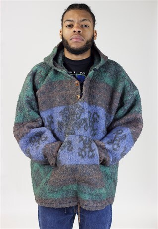 VINTAGE 90S PATTERNED THREE BUTTON HOODED FLEECE