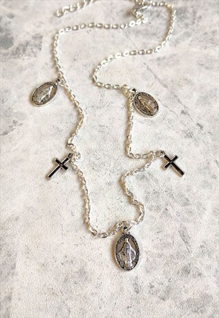 CLASSIC HANDMADE VIRGIN MARY AND CROSS CHARM NECKLACE