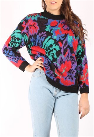 VINTAGE 80S SLOUCHY JUMPER IN BRIGHT FLORAL KNIT