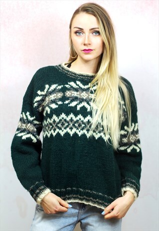 1980S VINTAGE BOTTLE GREEN ICELANDIC WOOL KNIT JUMPER