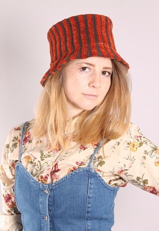 VINTAGE 90S BURNT ORANGE STRIPE RIBBED BUCKET HAT