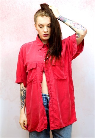 1990S VINTAGE RED PURE SILK SHORT SLEEVE SHIRT